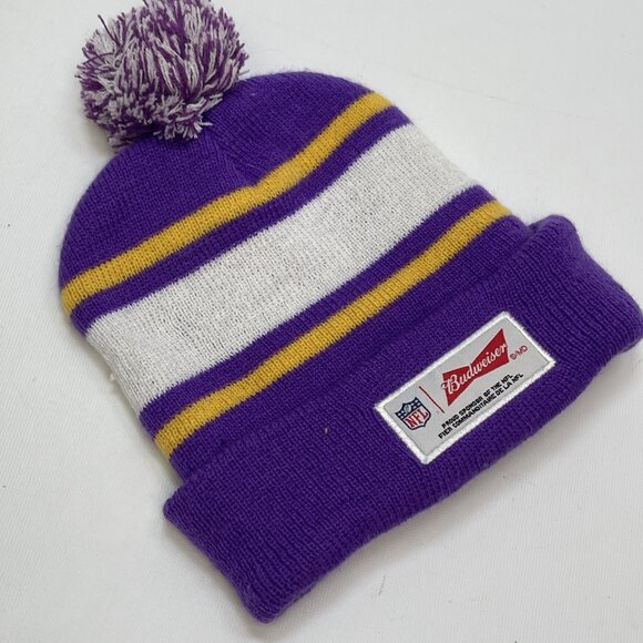 NFL Minnesota VikingBudweiser Promotional Pompom Beanie Hat Football Fan Gear - Picture 4 of 6